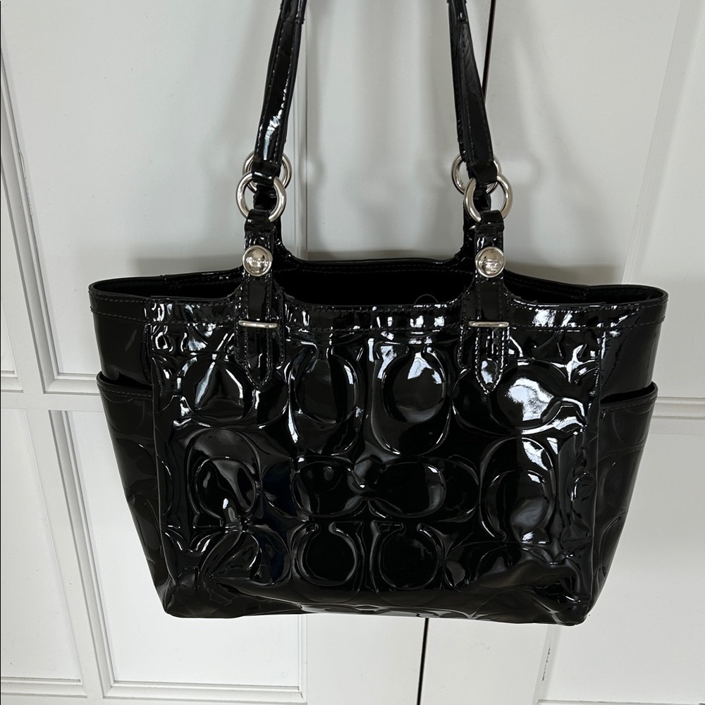Coach Black Patent Tote with Signature C - Picture 4 of 10